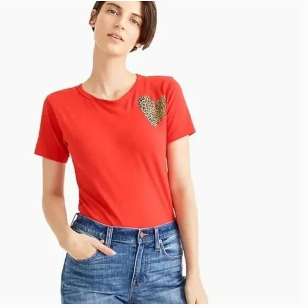 J. Crew Leopard Heart Tee Red XXS 100% Cotton